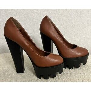 HRH Women's Platform Block High Heels Chunky Shoes Brown and Black Size 6 1/2